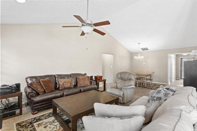 living area featuring light colored carpet, visible vents, high vaulted ceiling, baseboards, and ceiling fan with notable chandelier