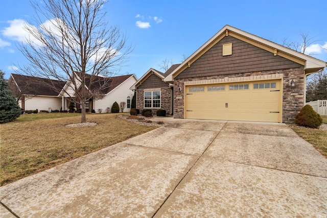 ranch-style house featuring a garage, a front yard, stone siding, and driveway