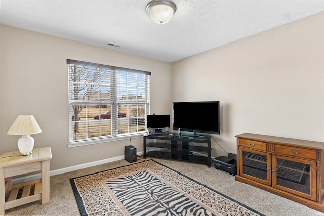 office space featuring carpet, visible vents, a textured ceiling, and baseboards