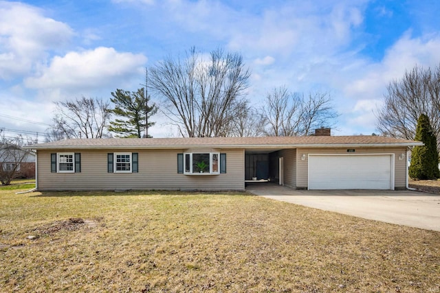 single story home featuring a garage, a front yard, concrete driveway, and a chimney