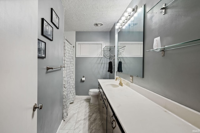 full bathroom featuring a textured ceiling, toilet, visible vents, vanity, and marble finish floor