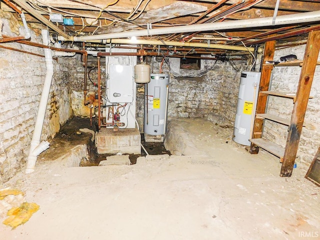 unfinished basement featuring electric water heater