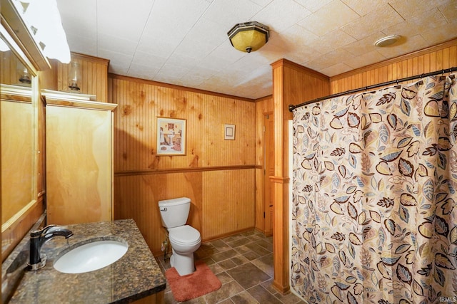 bathroom featuring toilet, wood walls, a shower with curtain, and vanity