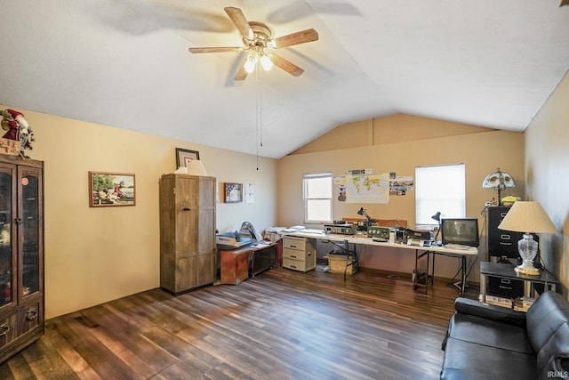 office space with lofted ceiling, dark wood finished floors, and a ceiling fan