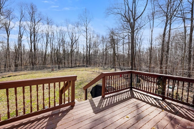 wooden deck featuring a forest view, a fenced backyard, and a lawn