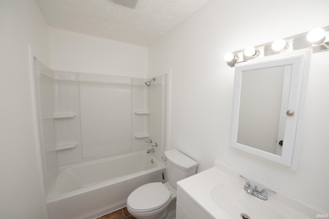 full bathroom with toilet, bathing tub / shower combination, a textured ceiling, and vanity