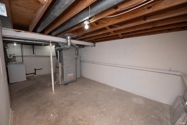 unfinished basement with washer / dryer, water heater, and heating unit