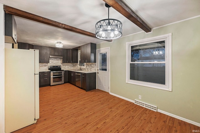 kitchen featuring visible vents, light countertops, appliances with stainless steel finishes, tasteful backsplash, and beamed ceiling