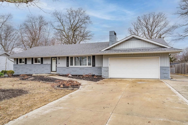 4019 Dalewood Dr, Fort Wayne, IN 46815 - ranch-style house with a garage, fence, driveway, roof with shingles, and a chimney