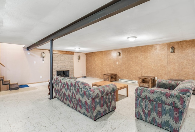 living area with stairway, beamed ceiling, tile patterned floors, a brick fireplace, and a baseboard heating unit