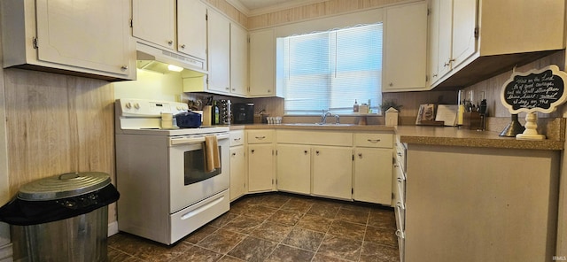 kitchen featuring white cabinets, light countertops, white electric range, under cabinet range hood, and a sink