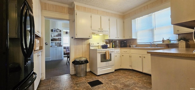 kitchen with electric range, ornamental molding, freestanding refrigerator, a sink, and under cabinet range hood