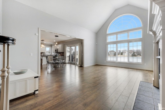 living area with high vaulted ceiling and dark wood finished floors