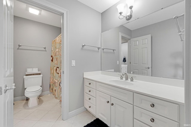 full bathroom with toilet, tile patterned flooring, baseboards, and vanity