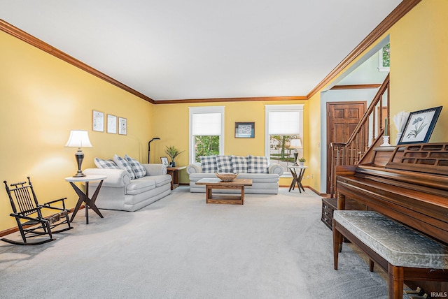 carpeted living area with crown molding, stairs, and baseboards