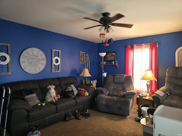 living room featuring carpet floors and a ceiling fan