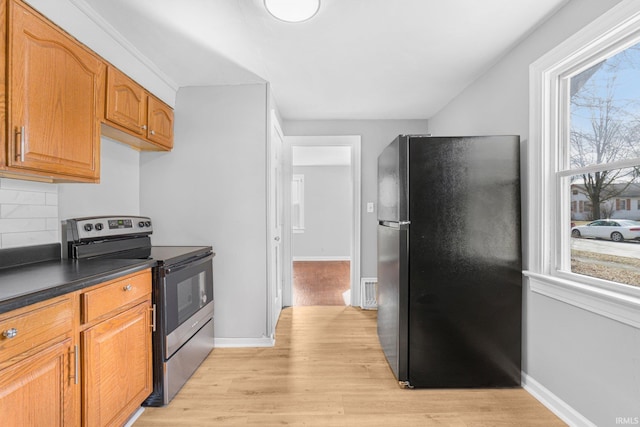 kitchen with light wood finished floors, plenty of natural light, stainless steel electric range, and freestanding refrigerator