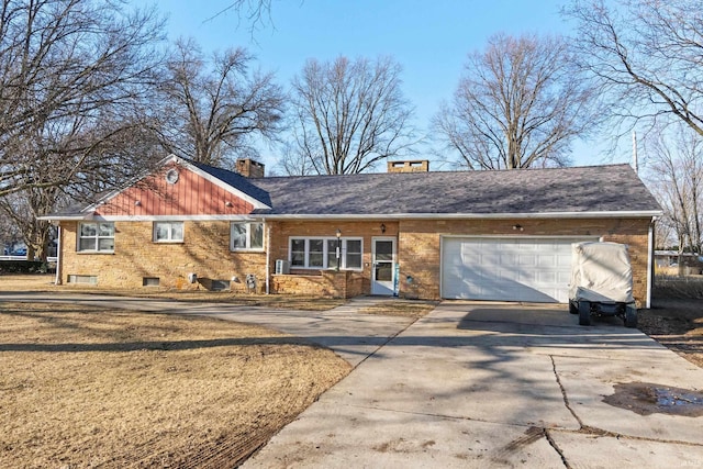 ranch-style house featuring driveway, an attached garage, a chimney, and brick siding