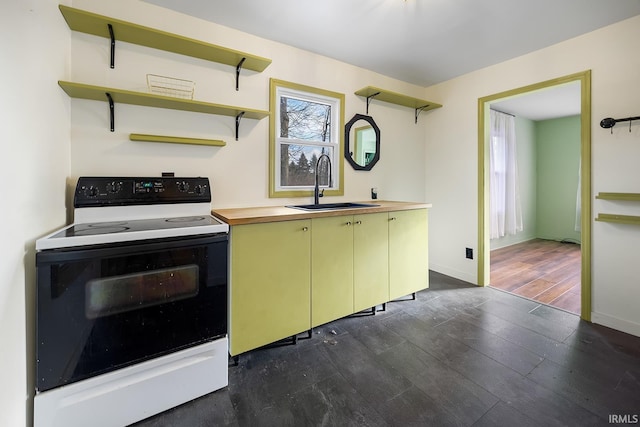 kitchen with dark wood-style floors, a sink, electric range oven, and open shelves