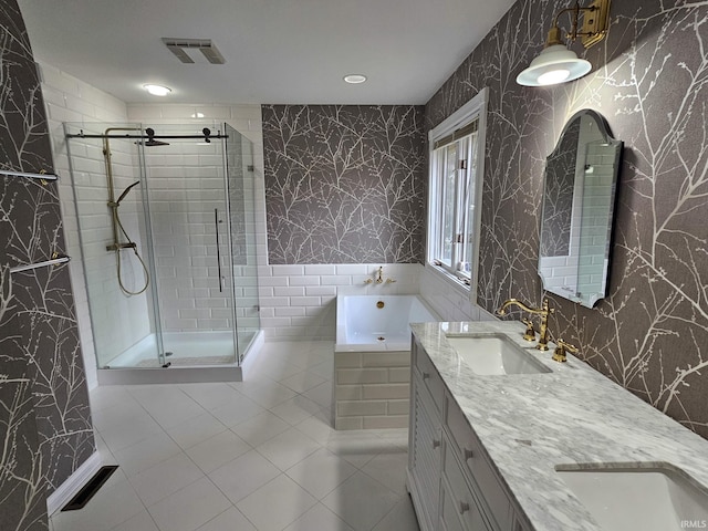 full bath featuring visible vents, wallpapered walls, a sink, a shower stall, and a bath