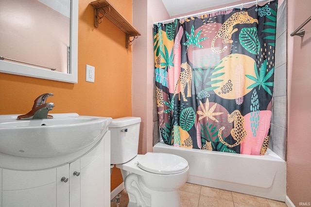 full bathroom featuring vanity, tile patterned flooring, toilet, and shower / bathtub combination with curtain