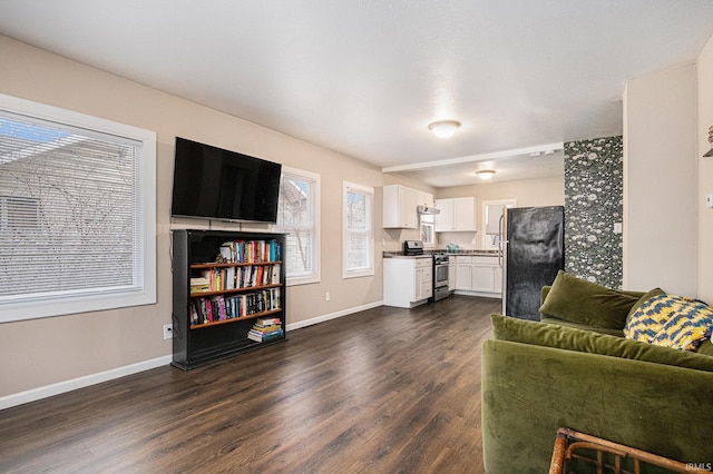 living area featuring baseboards and dark wood finished floors