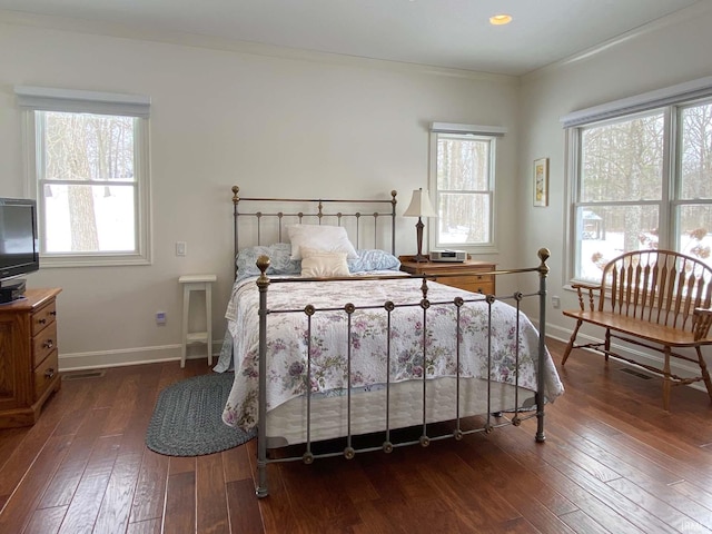 bedroom featuring dark wood-style flooring, multiple windows, and baseboards