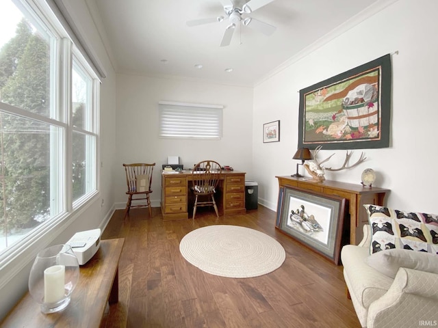 office with baseboards, wood finished floors, a ceiling fan, and crown molding