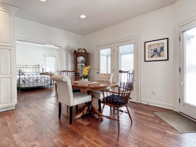 dining room featuring a wealth of natural light, baseboards, and wood finished floors