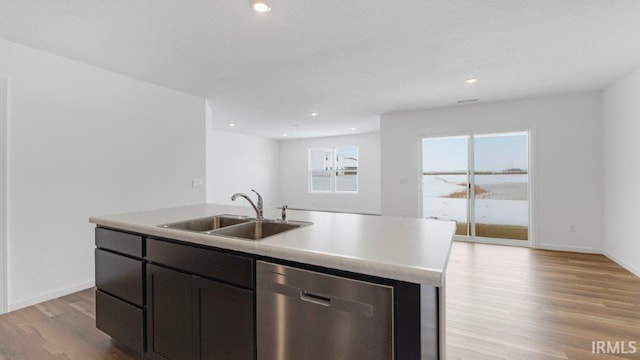 kitchen featuring a sink, light wood finished floors, light countertops, and dishwasher