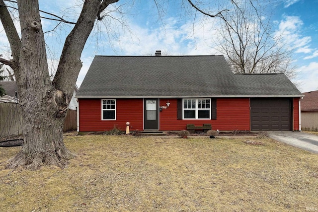 cape cod house with an attached garage, a shingled roof, driveway, and entry steps