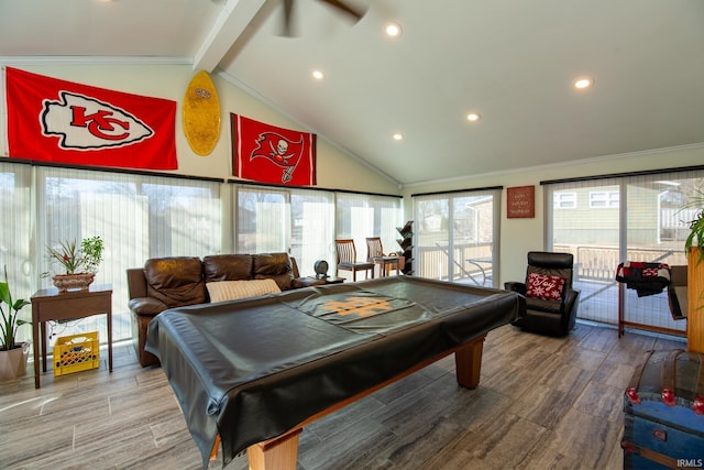 recreation room featuring vaulted ceiling with beams, wood finished floors, billiards, and ornamental molding