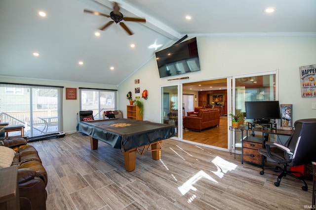 game room featuring wood finished floors, billiards, beam ceiling, and crown molding