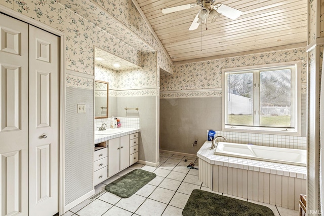 full bath with wallpapered walls, lofted ceiling, wood ceiling, tile patterned flooring, and vanity