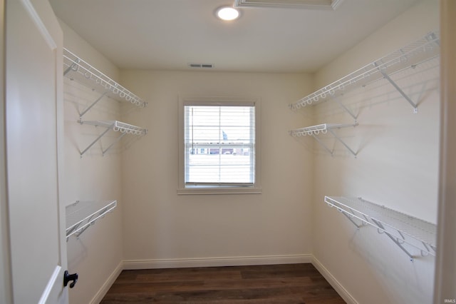 walk in closet featuring dark wood-style flooring and visible vents