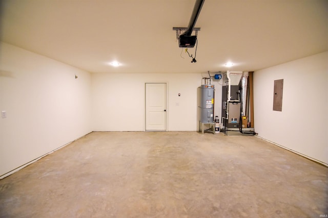 garage featuring electric water heater, a garage door opener, electric panel, and heating unit