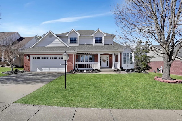 view of front of house with a porch, brick siding, and a front lawn