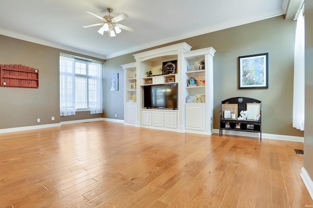 unfurnished living room with ornamental molding, baseboards, ceiling fan, and light wood finished floors