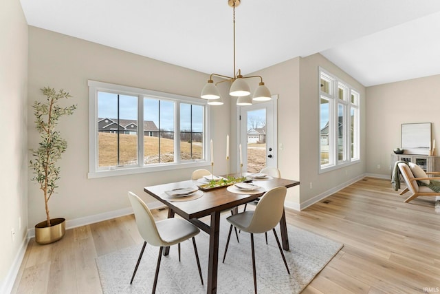 dining area featuring light wood-type flooring and baseboards