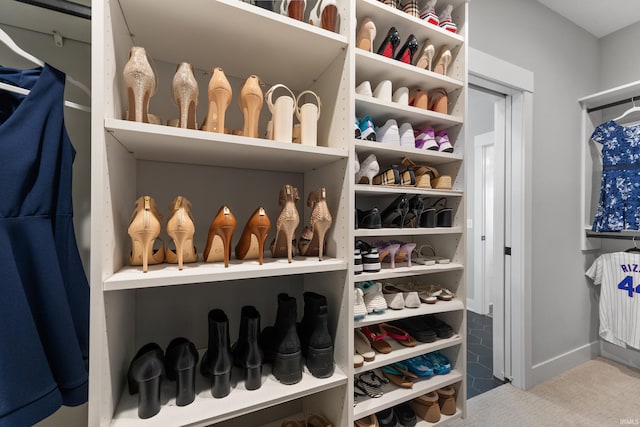 walk in closet featuring carpet floors