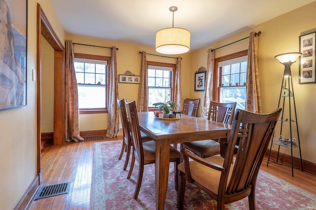 dining room with wood finished floors, visible vents, and baseboards