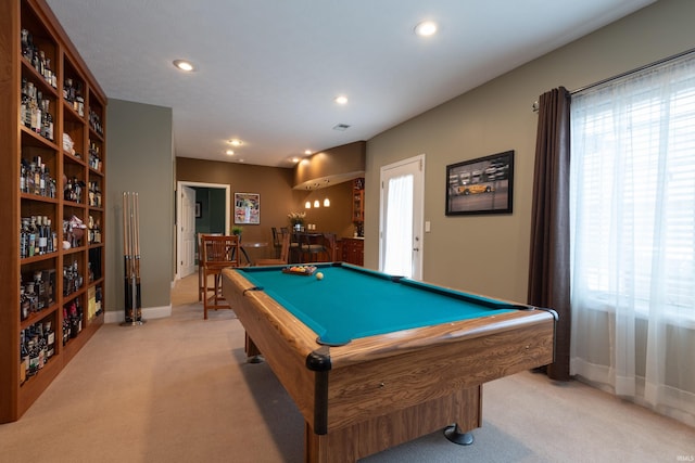 playroom featuring visible vents, baseboards, recessed lighting, pool table, and light carpet