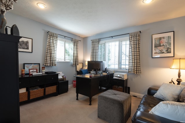 home office with light carpet, a textured ceiling, baseboards, and a wealth of natural light