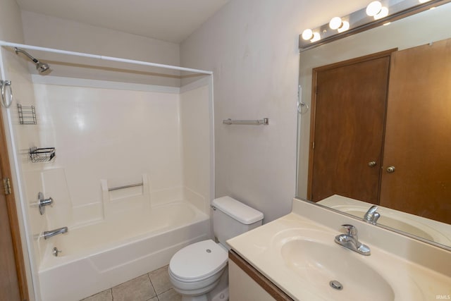 full bathroom with toilet, shower / bath combination, tile patterned flooring, and vanity