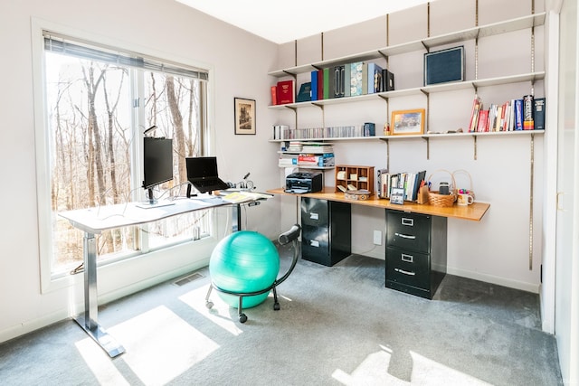 carpeted home office featuring visible vents and baseboards