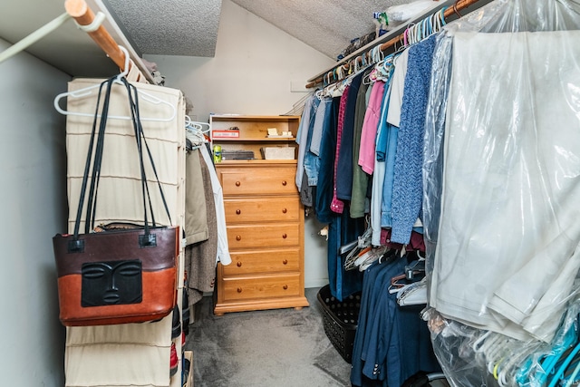 walk in closet featuring vaulted ceiling and carpet floors