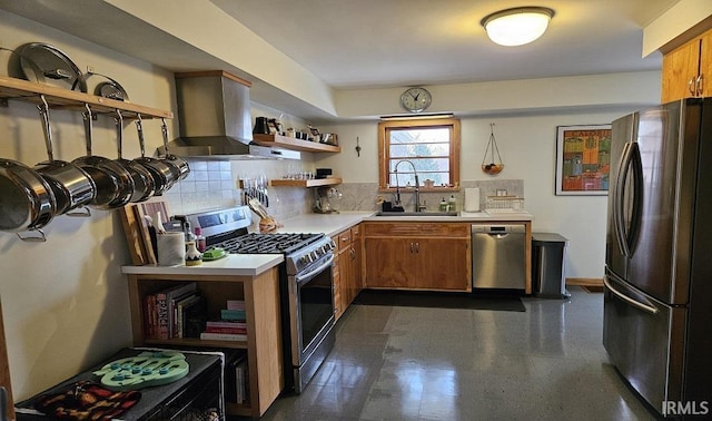 kitchen featuring open shelves, light countertops, appliances with stainless steel finishes, brown cabinetry, and a sink