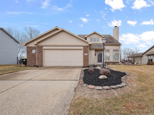 view of front facade featuring a garage, brick siding, driveway, and a chimney