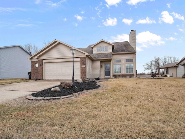 view of front of home with brick siding, a chimney, concrete driveway, a front yard, and a garage