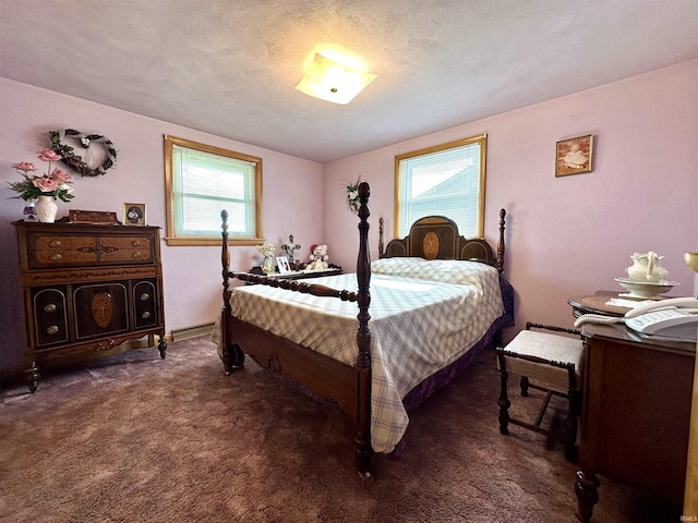 carpeted bedroom with multiple windows and a textured ceiling